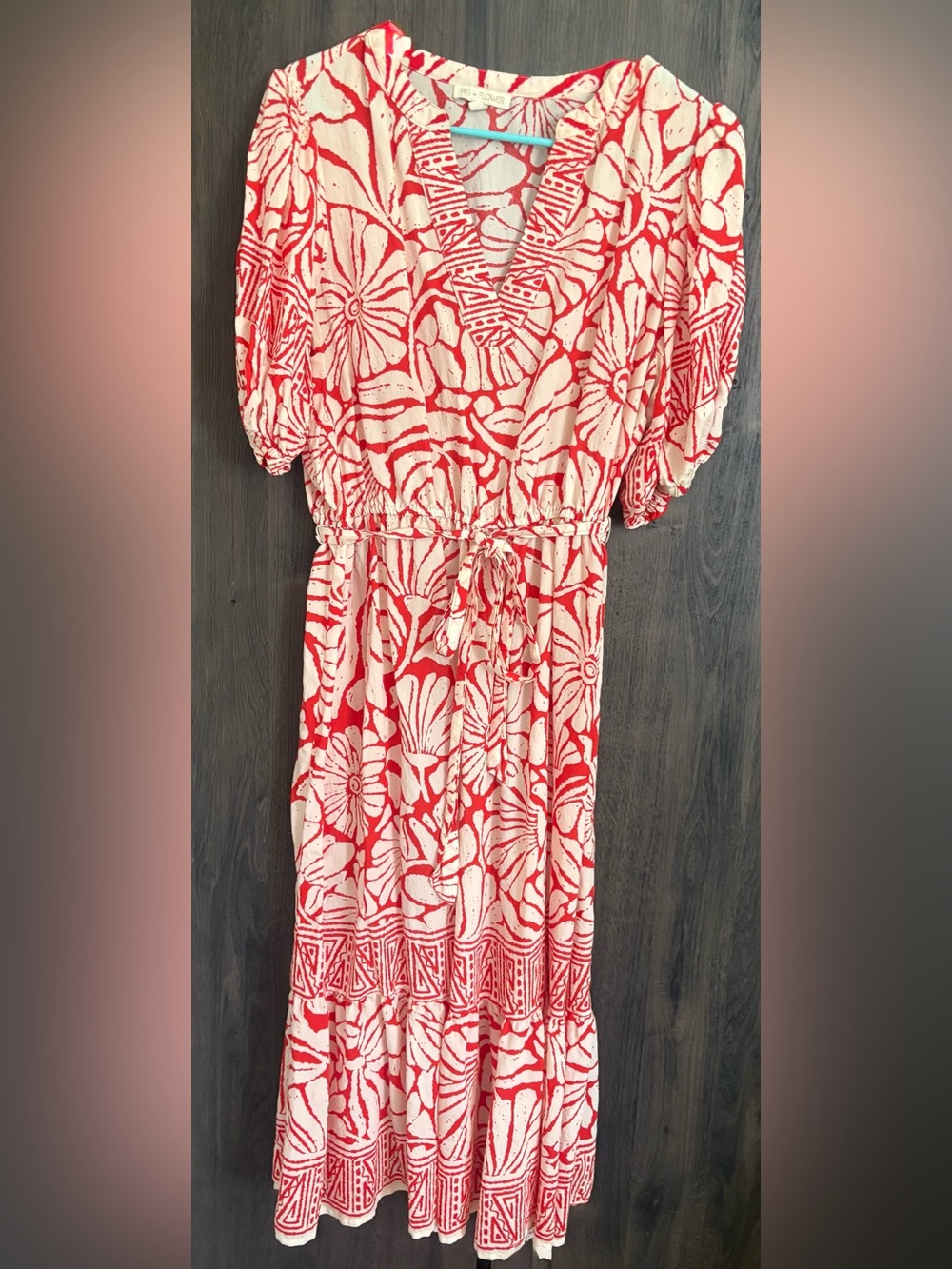 fig and flower Red and Cream Floral Tie-Waist Midi Dress